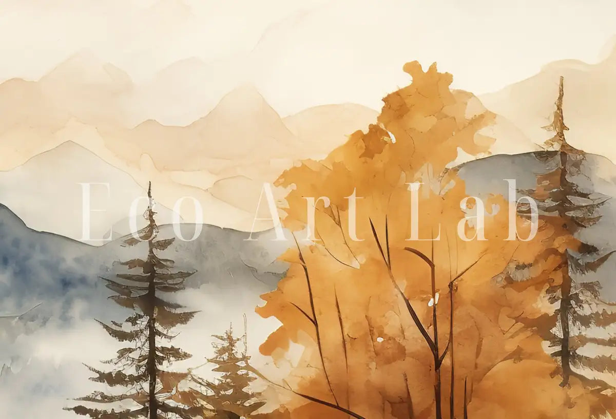 Detail view of artwork from Autumn Watercolor Forest Landscape Printable. Printable Wall Art. Digital Art. Fall Forest Trees Painting Print. Nature Decor. Forest Art. (variation 2)