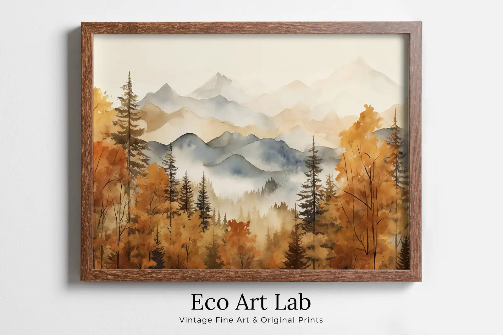 Framed view of Autumn Watercolor Forest Landscape Printable. Printable Wall Art. Digital Art. Fall Forest Trees Painting Print. Nature Decor. Forest Art – printable wall art digital download.