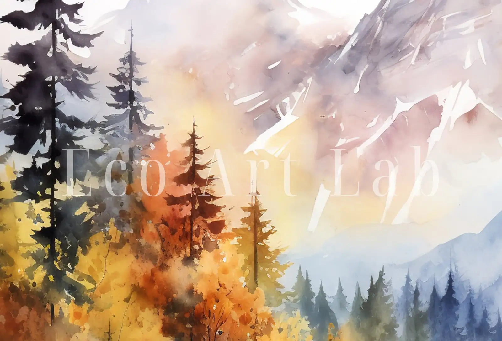 Detail view of artwork from Autumn Watercolor Printable Wall Art. Forest Landscape Printable. Digital Art. Fall Forest Trees Painting Print. Nature Decor. Forest Art. (variation 1)