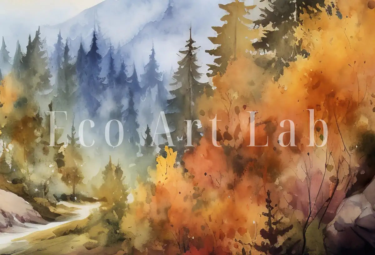 Detail view of artwork from Autumn Watercolor Printable Wall Art. Forest Landscape Printable. Digital Art. Fall Forest Trees Painting Print. Nature Decor. Forest Art. (variation 2)