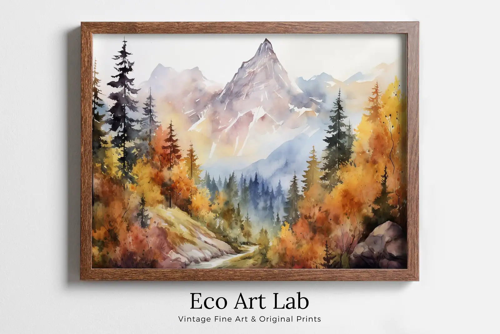 Framed view of Autumn Watercolor Printable Wall Art. Forest Landscape Printable. Digital Art. Fall Forest Trees Painting Print. Nature Decor. Forest Art – printable wall art digital download.