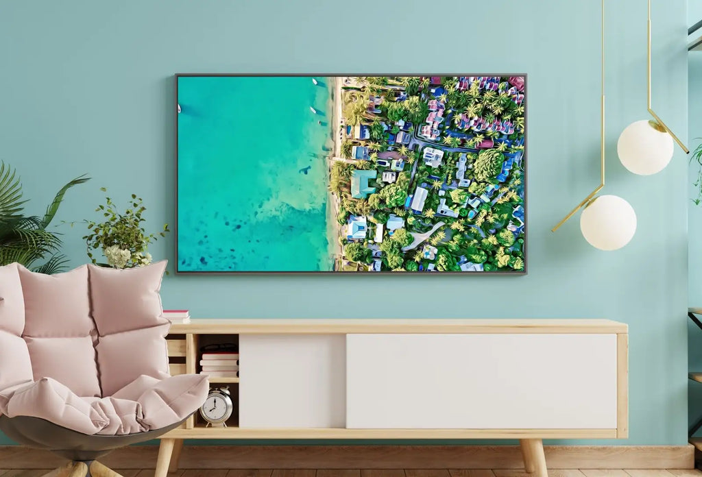 Vue aérienne de la plage. Art pour le Samsung Frame TV. Téléchargement numérique pour la télévision. Décoration murale côtière. Art de plage pour le Samsung Frame.