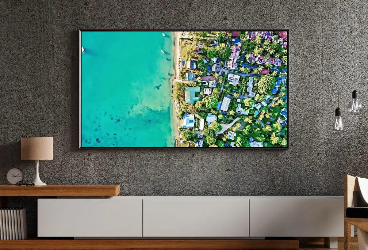 Vue aérienne de la plage. Art pour le Samsung Frame TV. Téléchargement numérique pour la télévision. Décoration murale côtière. Art de plage pour le Samsung Frame.