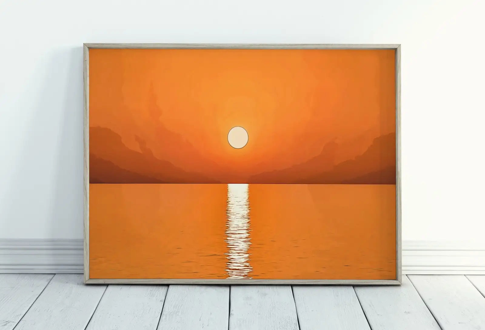 Framed view of Beach Sunset Wall Art Print. Instant Download Boho Abstract Sunset Poster. Digital Sunset Painting Abstract Wall Art. Coastal Landscape Art – printable wall art digital download.