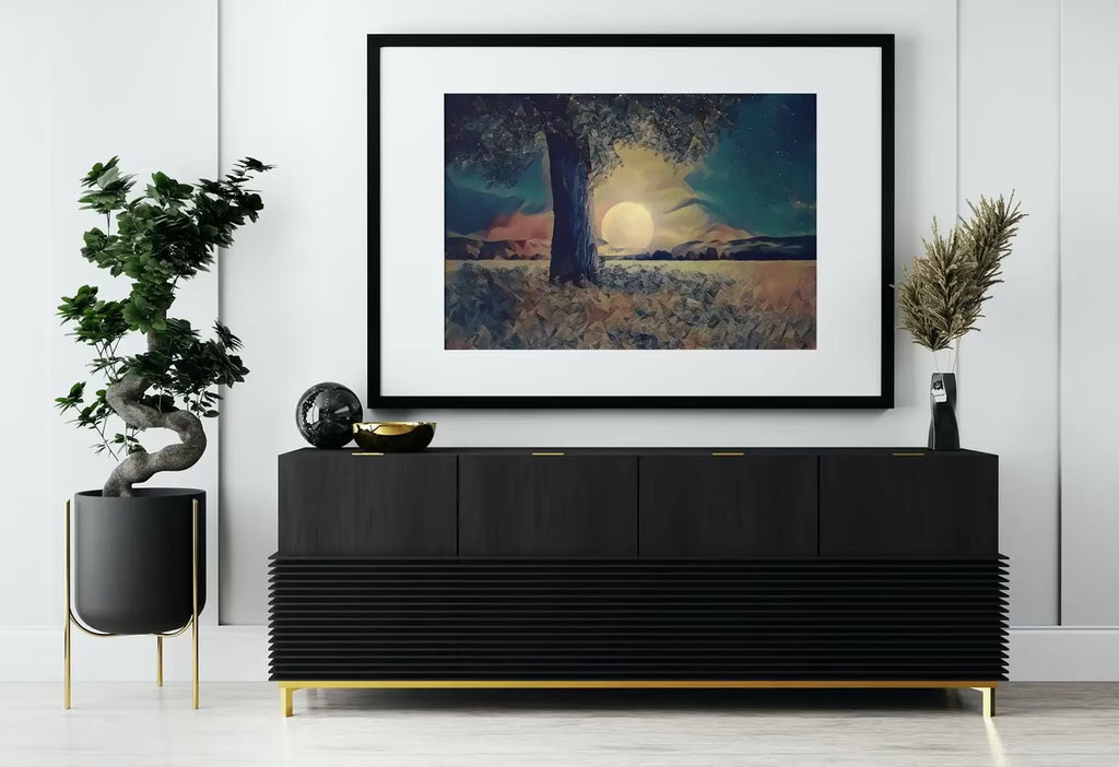 Big Moon and Tree Landscape Painting, Polygons Printable Wall Art, for Home or Office Decor, Nature Print Digital Art Instant Download – Printable Wall Art
