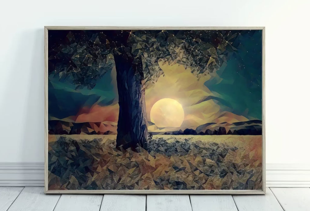 Big Moon and Tree Landscape Painting, Polygons Printable Wall Art, for Home or Office Decor, Nature Print Digital Art Instant Download – Printable Wall Art