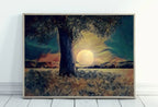 Big Moon and Tree Landscape Painting, Polygons Printable Wall Art, for Home or Office Decor, Nature Print Digital Art Instant Download – Printable Wall Art