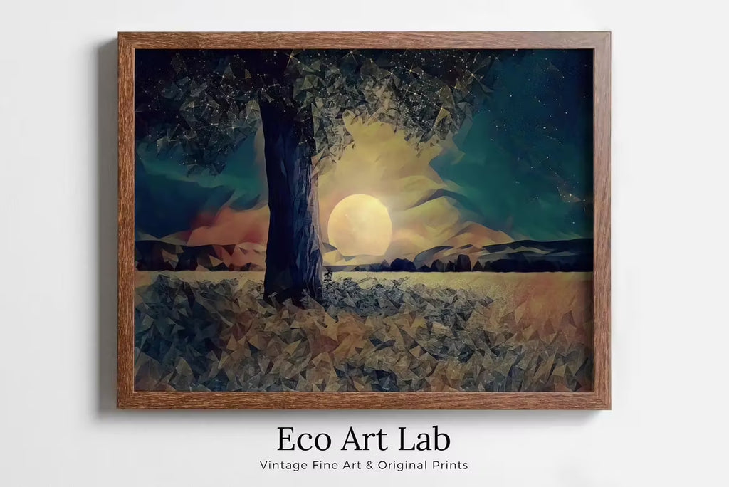 Big Moon and Tree Landscape Painting, Polygons Printable Wall Art, for Home or Office Decor, Nature Print Digital Art Instant Download – Printable Wall Art