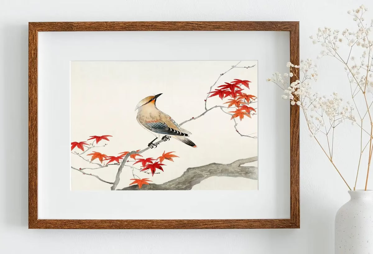 Bird on Maple Tree Vintage Japanese Painting. Japanese Wall Art Printable Poster. 20th Century Japanese Vintage Spring Wall Art, Bird Art – Printable Wall Art
