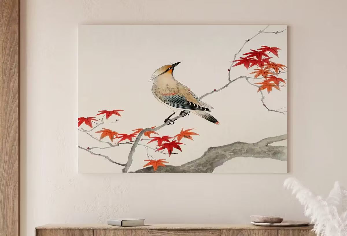 Bird on Maple Tree Vintage Japanese Painting. Japanese Wall Art Printable Poster. 20th Century Japanese Vintage Spring Wall Art, Bird Art – Printable Wall Art