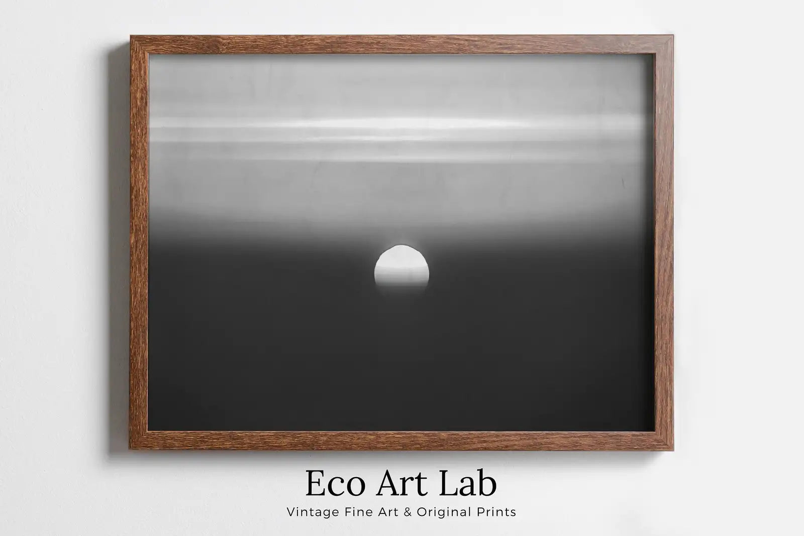 Framed view of Black and White Abstract Sunset Art Print. Printable Minimal Art Prints. Modern Aesthetic Wall Art. Minimalist Abstract Sunset Poster – printable wall art digital download.