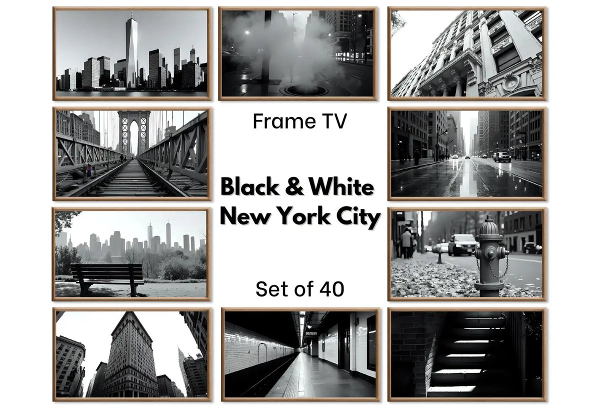 Black and White New York Wall Art for Samsung Frame TV displayed on Samsung Frame TV on a living room wall.