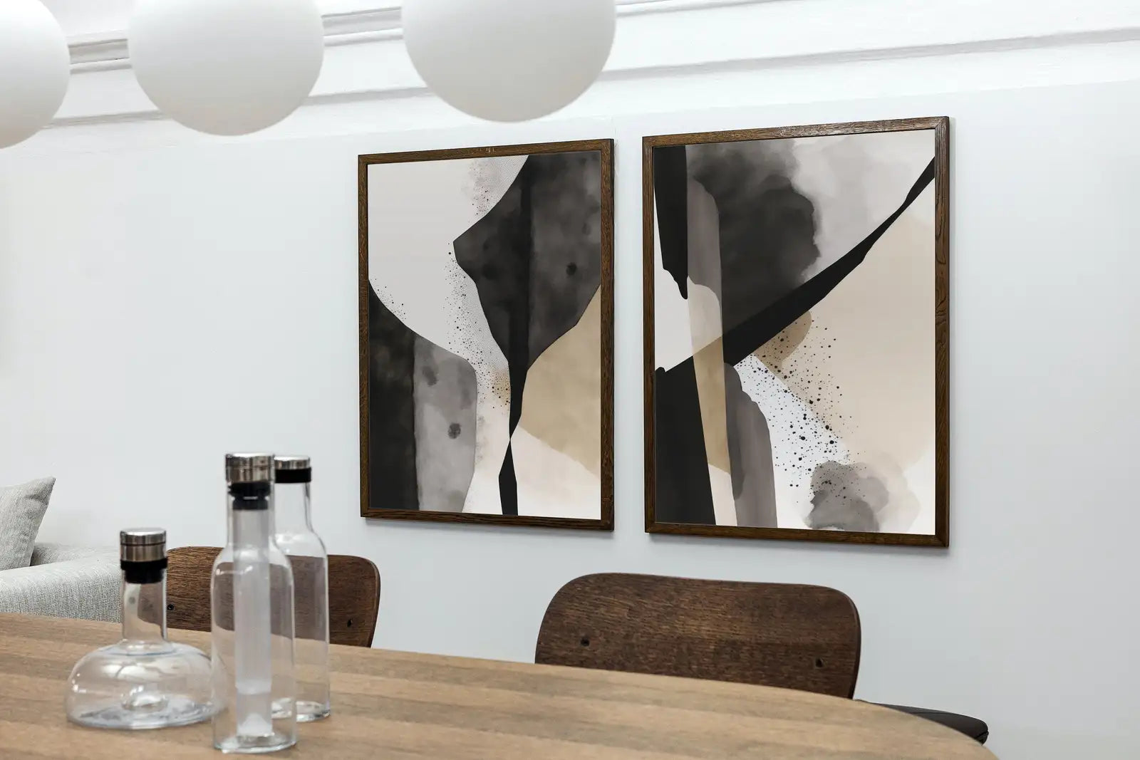 Art mural noir et beige - Ensemble de 2 impressions d’art minimaliste, ensemble d’affiches abstraites noir et blanc, galerie murale neutre, art moderne contemporain.