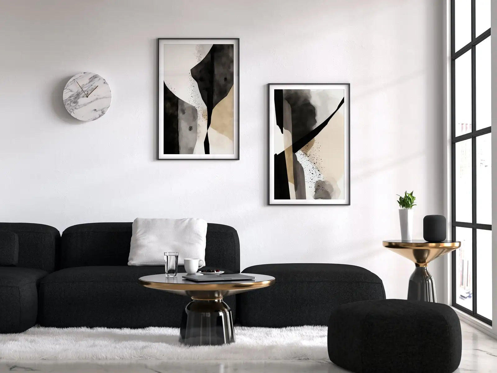 Art mural noir et beige - Ensemble de 2 impressions d’art minimaliste, ensemble d’affiches abstraites noir et blanc, galerie murale neutre, art moderne contemporain.