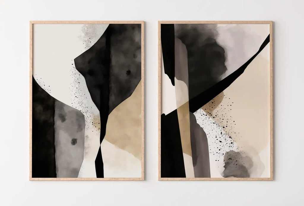 Art mural noir et beige - Ensemble de 2 impressions d’art minimaliste, ensemble d’affiches abstraites noir et blanc, galerie murale neutre, art moderne contemporain.