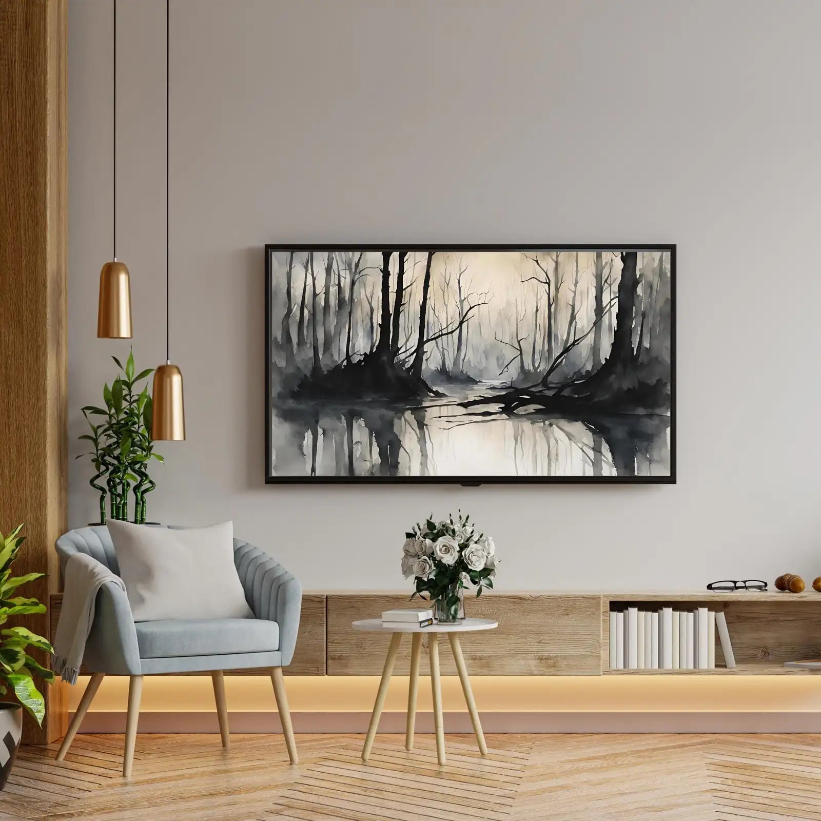 Black Grey Art for Samsung Frame TV I Dark Watercolor Minimalist Landscape I Unique Frame TV Art for Modern Decor – Frame TV Digital Download Art – Digital Download