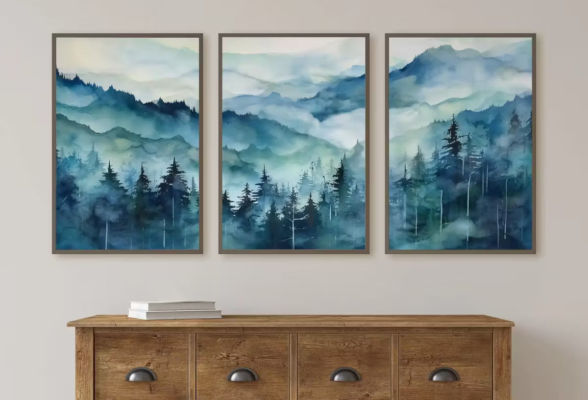 Blue Abstract Mountain 3 Piece Wall Art | Watercolor Mountain Landscape | Nature Print Set | Modern Minimal Decor | Pine Forest Wall Art – Printable Wall Art Set