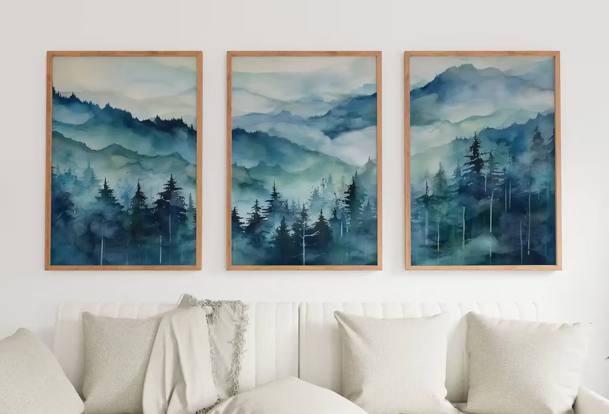 Blue Abstract Mountain 3 Piece Wall Art | Watercolor Mountain Landscape | Nature Print Set | Modern Minimal Decor | Pine Forest Wall Art – Printable Wall Art Set