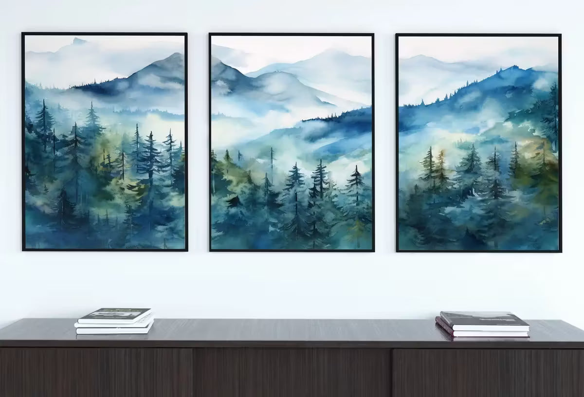Blue Abstract Mountain Print Set of 3 | Watercolor Mountain Landscape | Nature Print Set | Modern Minimal Decor | Pine Forest Wall Art – Printable Wall Art Set