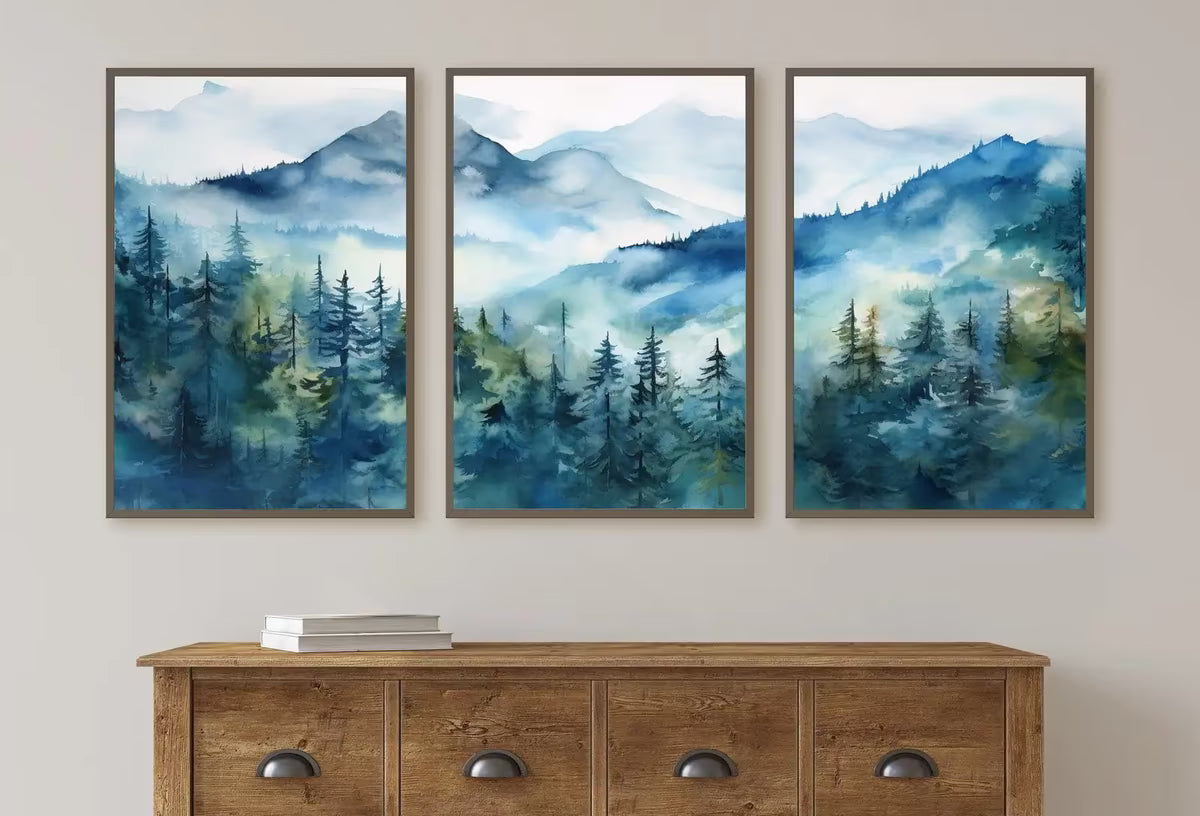Blue Abstract Mountain Print Set of 3 | Watercolor Mountain Landscape | Nature Print Set | Modern Minimal Decor | Pine Forest Wall Art – Printable Wall Art Set