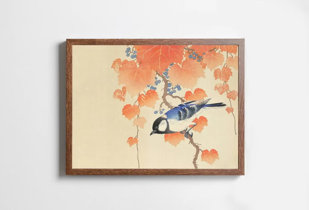 Blue Bird on Branch Vintage Japanese Painting. Japanese Wall Art Printable Poster. 20th Century Japanese Vintage Wall Art, Bird Asian Art – Printable Wall Art