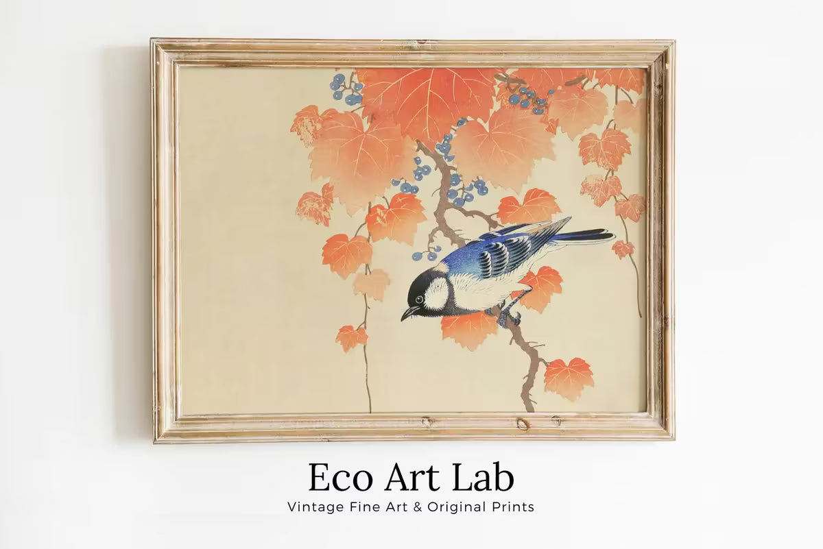 Blue Bird on Branch Vintage Japanese Painting. Japanese Wall Art Printable Poster. 20th Century Japanese Vintage Wall Art, Bird Asian Art – Printable Wall Art