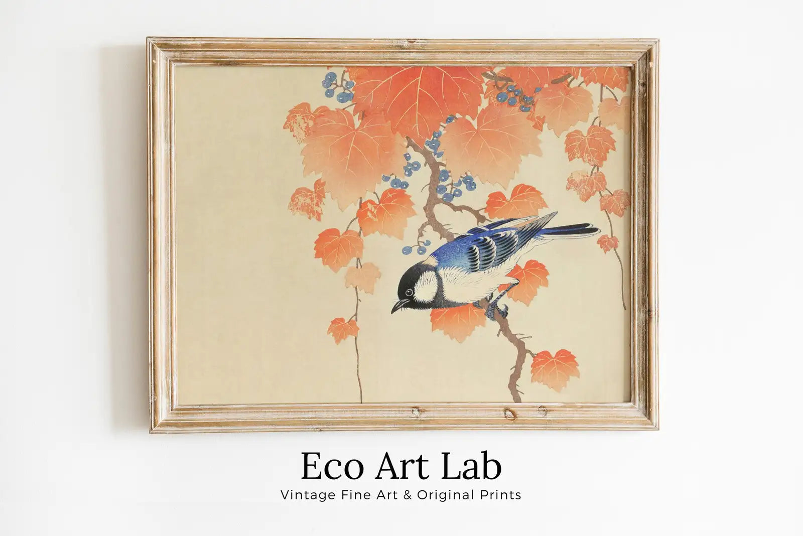 Framed view of Blue Bird on Branch Vintage Japanese Painting. Japanese Wall Art Printable Poster. 20th Century Japanese Vintage Wall Art, Bird Asian Art – printable wall art digital download.