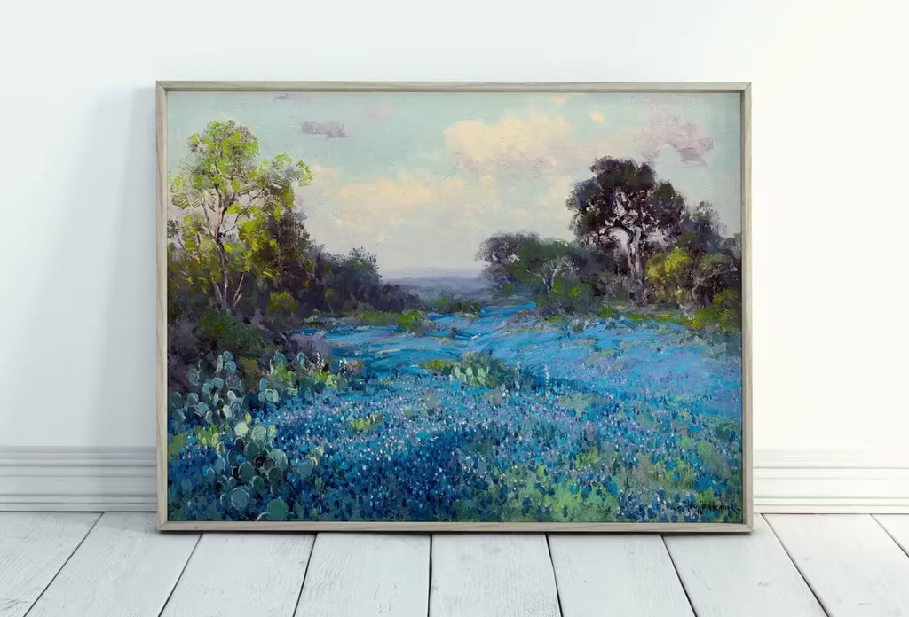 Blue Bonnets at Late Afternoon. Printable Spring Meadow Landscape Painting. Vintage Landscape Print Texas Bluebonnets Painting. Flower Field – Printable Wall Art