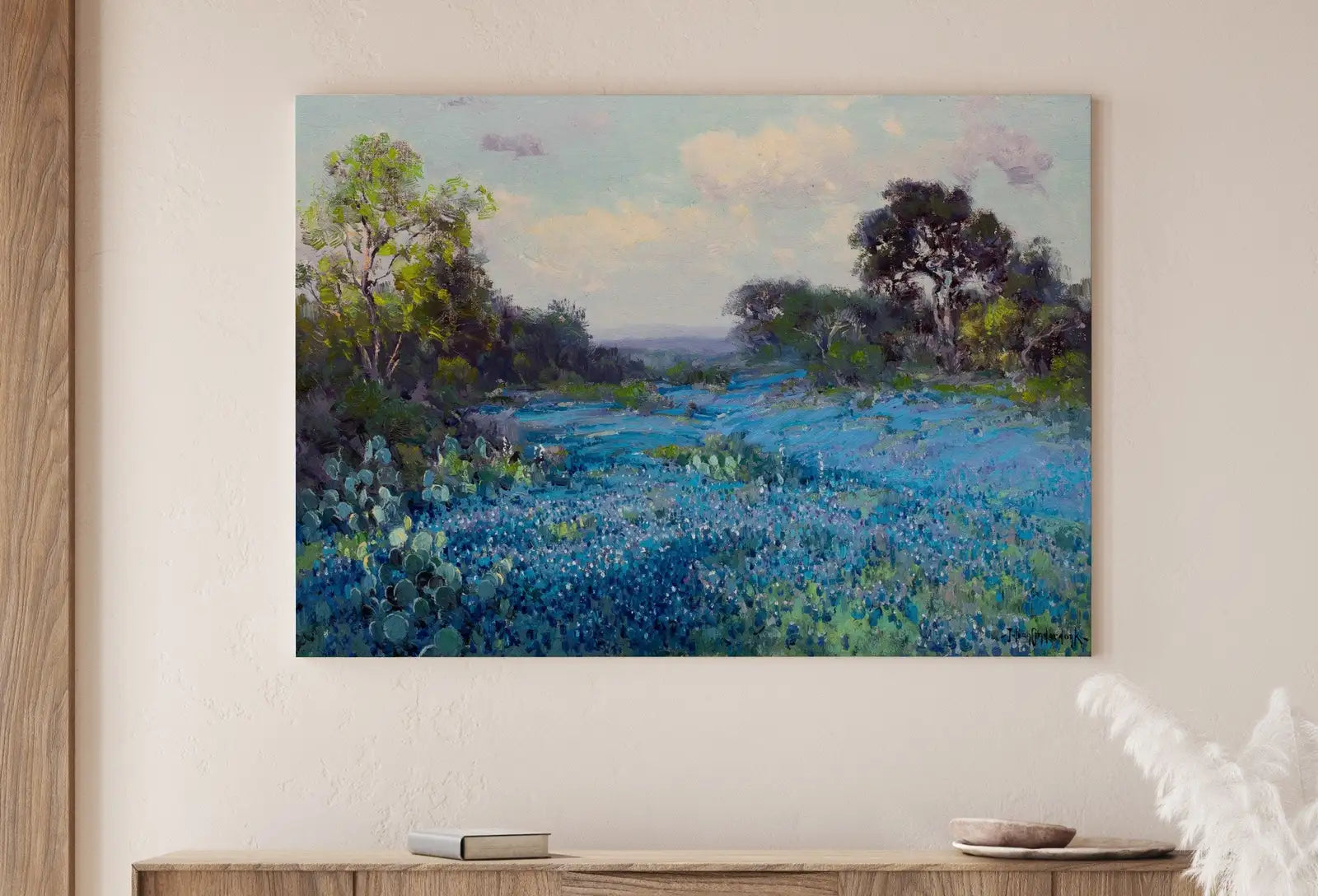 Detail view of artwork from Blue Bonnets at Late Afternoon. Printable Spring Meadow Landscape Painting. Vintage Landscape Print Texas Bluebonnets Painting. Flower Field. (variation 1)