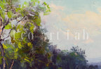 Detail view of artwork from Blue Bonnets at Late Afternoon. Printable Spring Meadow Landscape Painting. Vintage Landscape Print Texas Bluebonnets Painting. Flower Field. (variation 2)