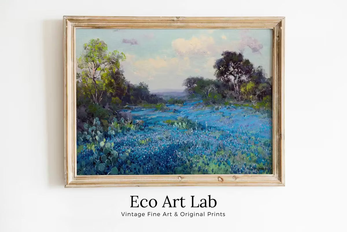 Blue Bonnets at Late Afternoon. Printable Spring Meadow Landscape Painting. Vintage Landscape Print Texas Bluebonnets Painting. Flower Field – Printable Wall Art