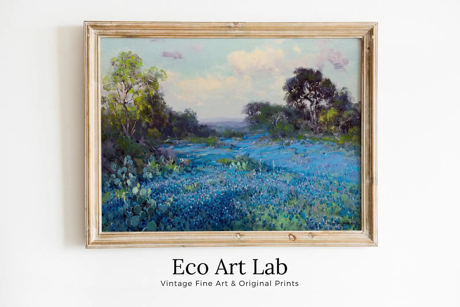 Framed view of Blue Bonnets at Late Afternoon. Printable Spring Meadow Landscape Painting. Vintage Landscape Print Texas Bluebonnets Painting. Flower Field – printable wall art digital download.
