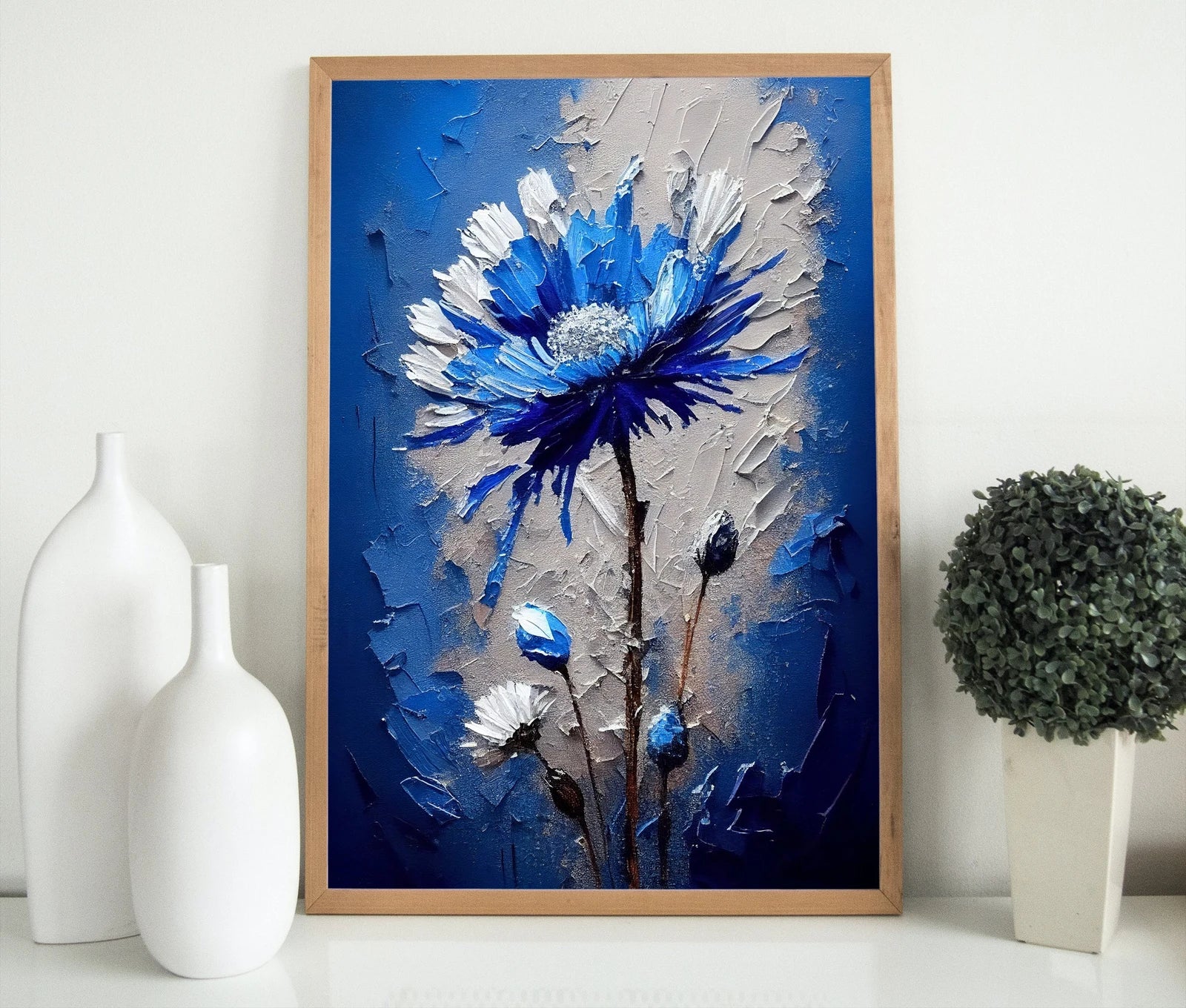 Framed view of Blue Flower Print. Abstract Flower Printable Wall Art. Texture Modern Flower Painting. Textured Blue Floral Wall Decor. Instant Download – printable wall art digital download.
