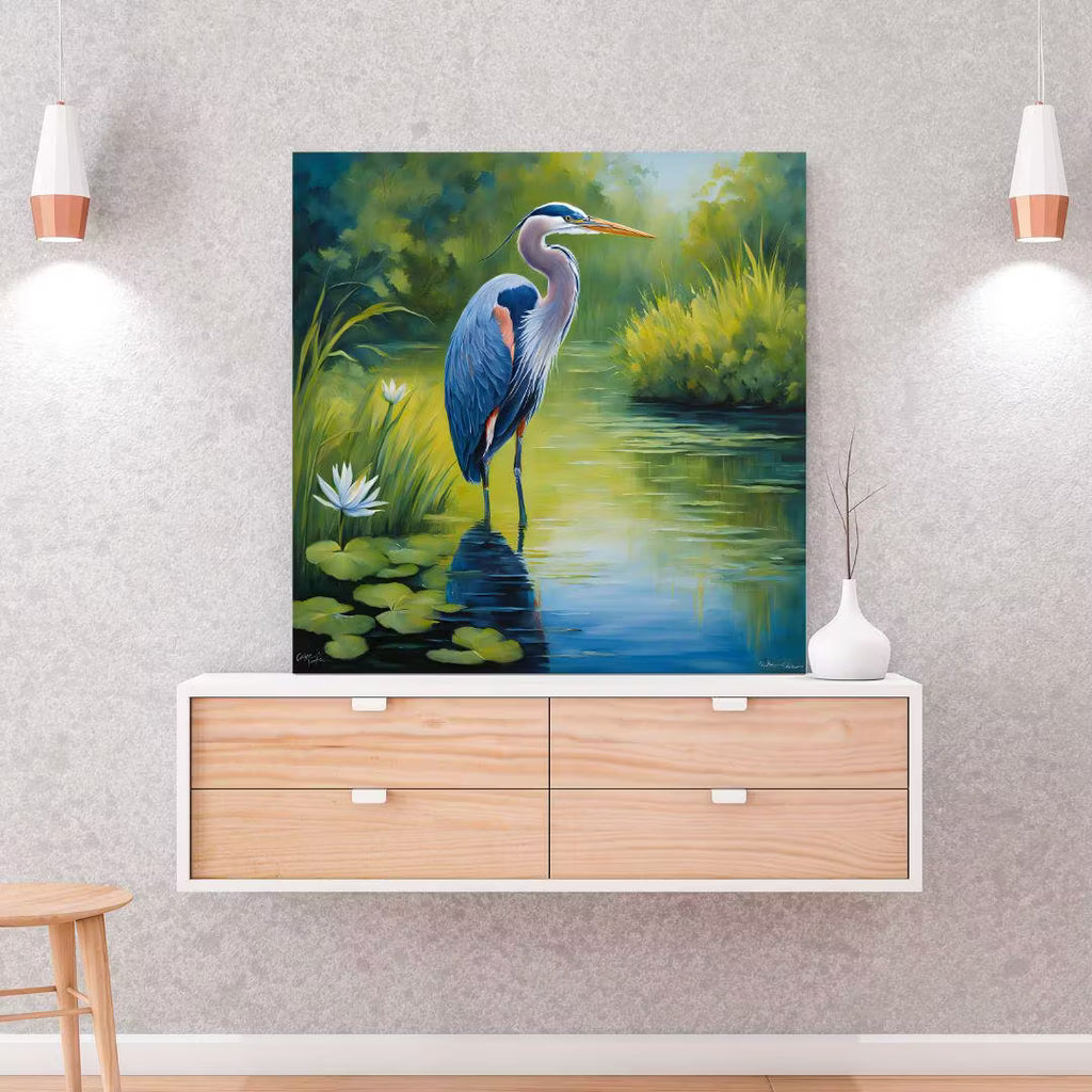 Blue Heron Printable Art. Lotus Flower Digital Print. Modern Tropical Wildlife Wall Decor – Printable Wall Art