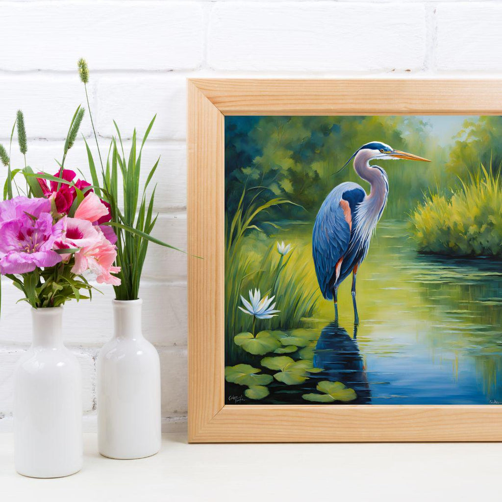 Blue Heron Printable Art. Lotus Flower Digital Print. Modern Tropical Wildlife Wall Decor – Printable Wall Art Digital Download – Digital Download