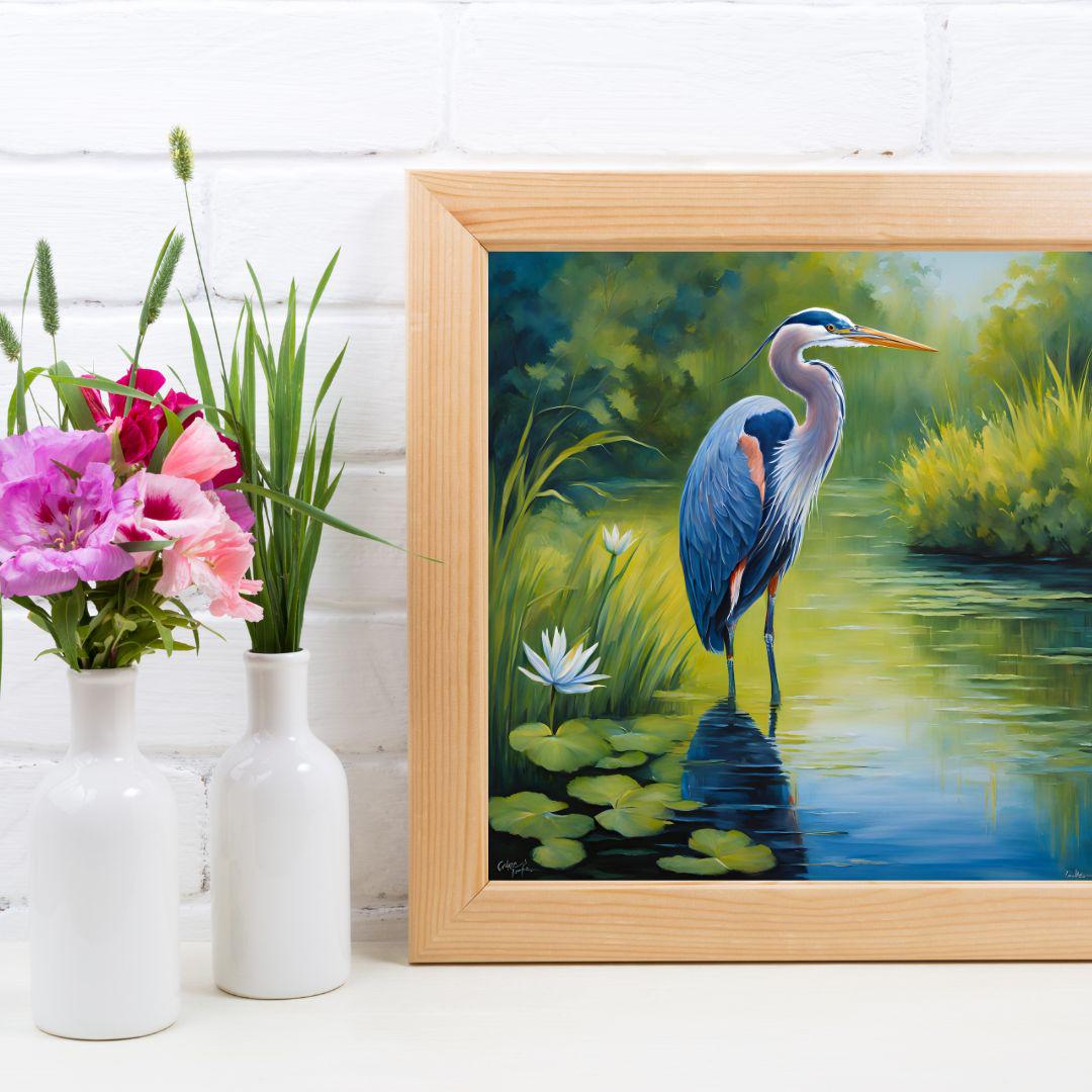 Blue Heron Printable Art. Lotus Flower Digital Print. Modern Tropical Wildlife Wall Decor – Printable Wall Art Digital Download – Digital Download