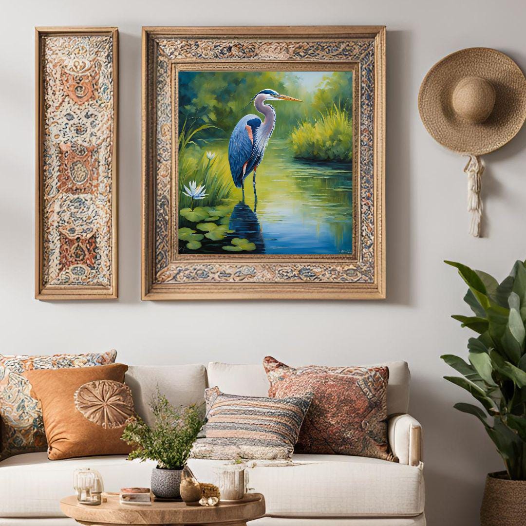 Blue Heron Printable Art. Lotus Flower Digital Print. Modern Tropical Wildlife Wall Decor – Printable Wall Art Digital Download – Digital Download