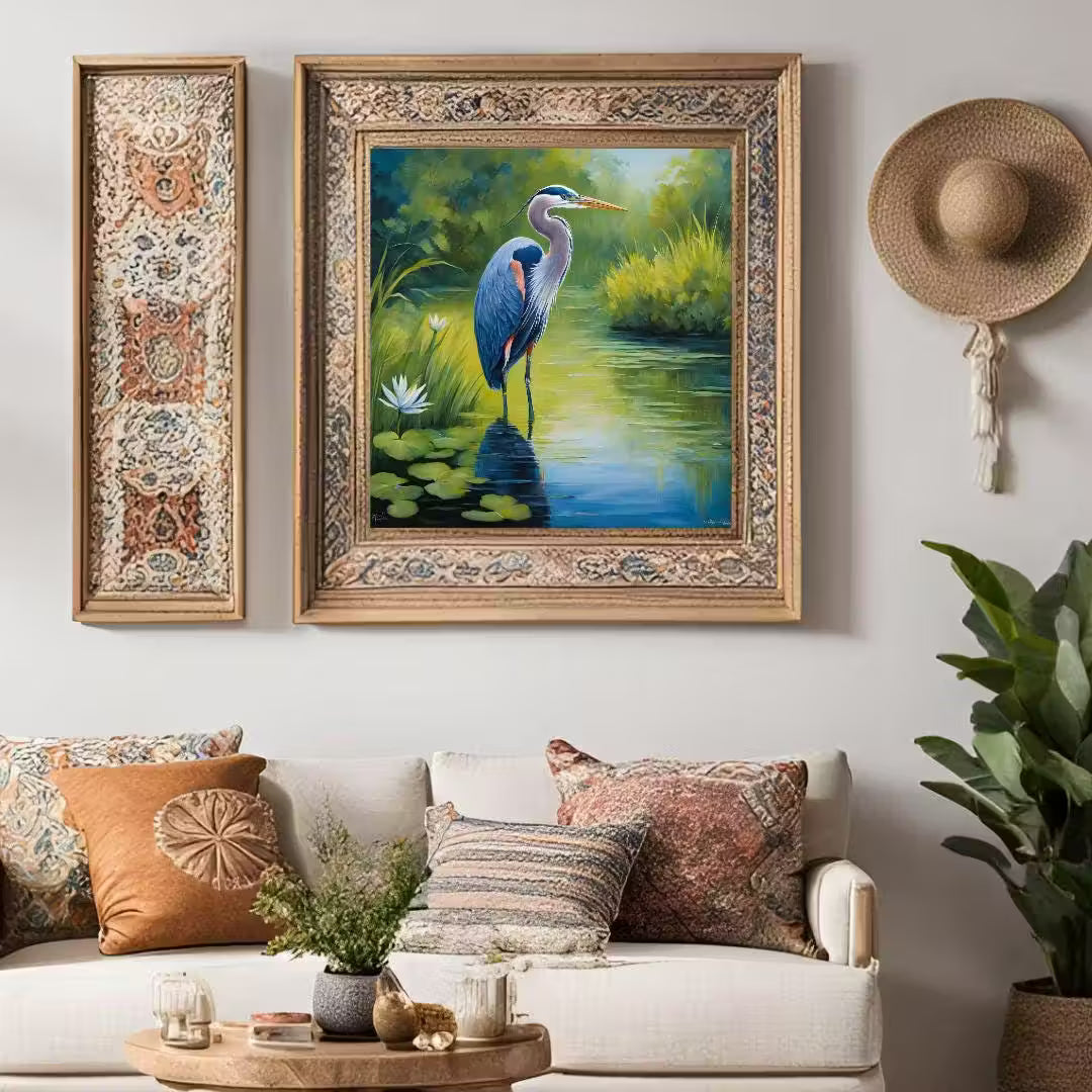 Blue Heron Printable Art. Lotus Flower Digital Print. Modern Tropical Wildlife Wall Decor – Printable Wall Art
