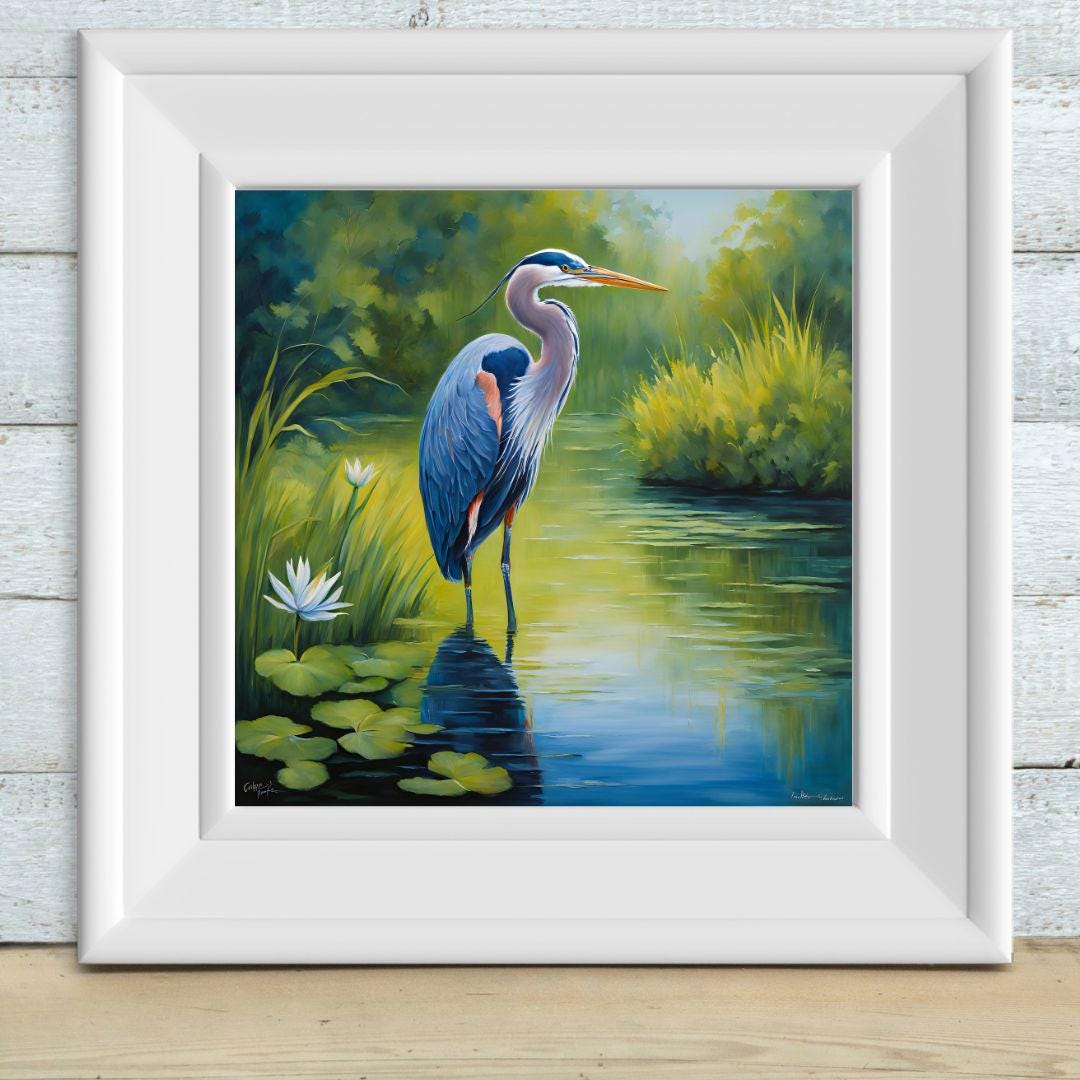 Blue Heron Printable Art. Lotus Flower Digital Print. Modern Tropical Wildlife Wall Decor – Printable Wall Art Digital Download – Digital Download