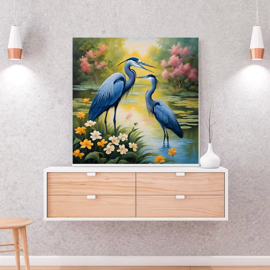 Blue Herons Vintage Art Illustration | Printable Nature Wall Decor | Unique Square Format Wildlife  – Printable Wall Art