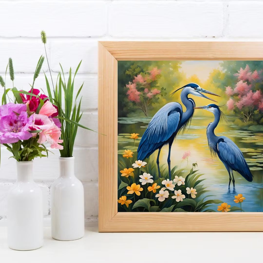 Blue Herons Vintage Art Illustration | Printable Nature Wall Decor | Unique Square Format Wildlife  – Printable Wall Art