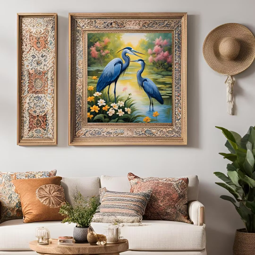 Blue Herons Vintage Art Illustration | Printable Nature Wall Decor | Unique Square Format Wildlife  – Printable Wall Art
