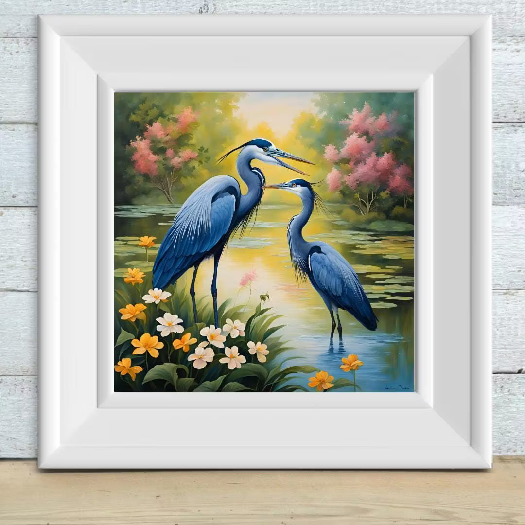Blue Herons Vintage Art Illustration | Printable Nature Wall Decor | Unique Square Format Wildlife  – Printable Wall Art