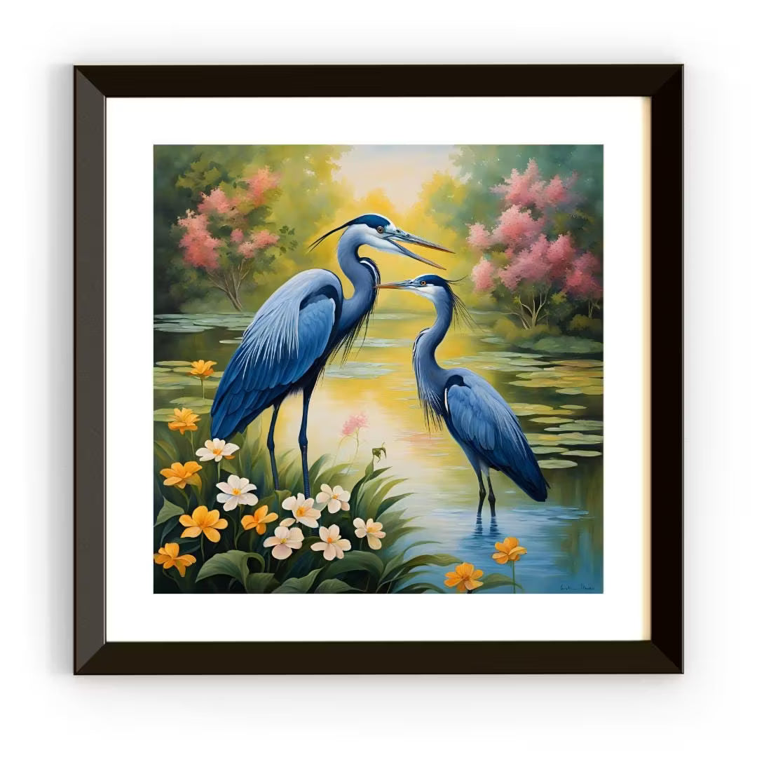 Blue Herons Vintage Art Illustration | Printable Nature Wall Decor | Unique Square Format Wildlife  – Printable Wall Art