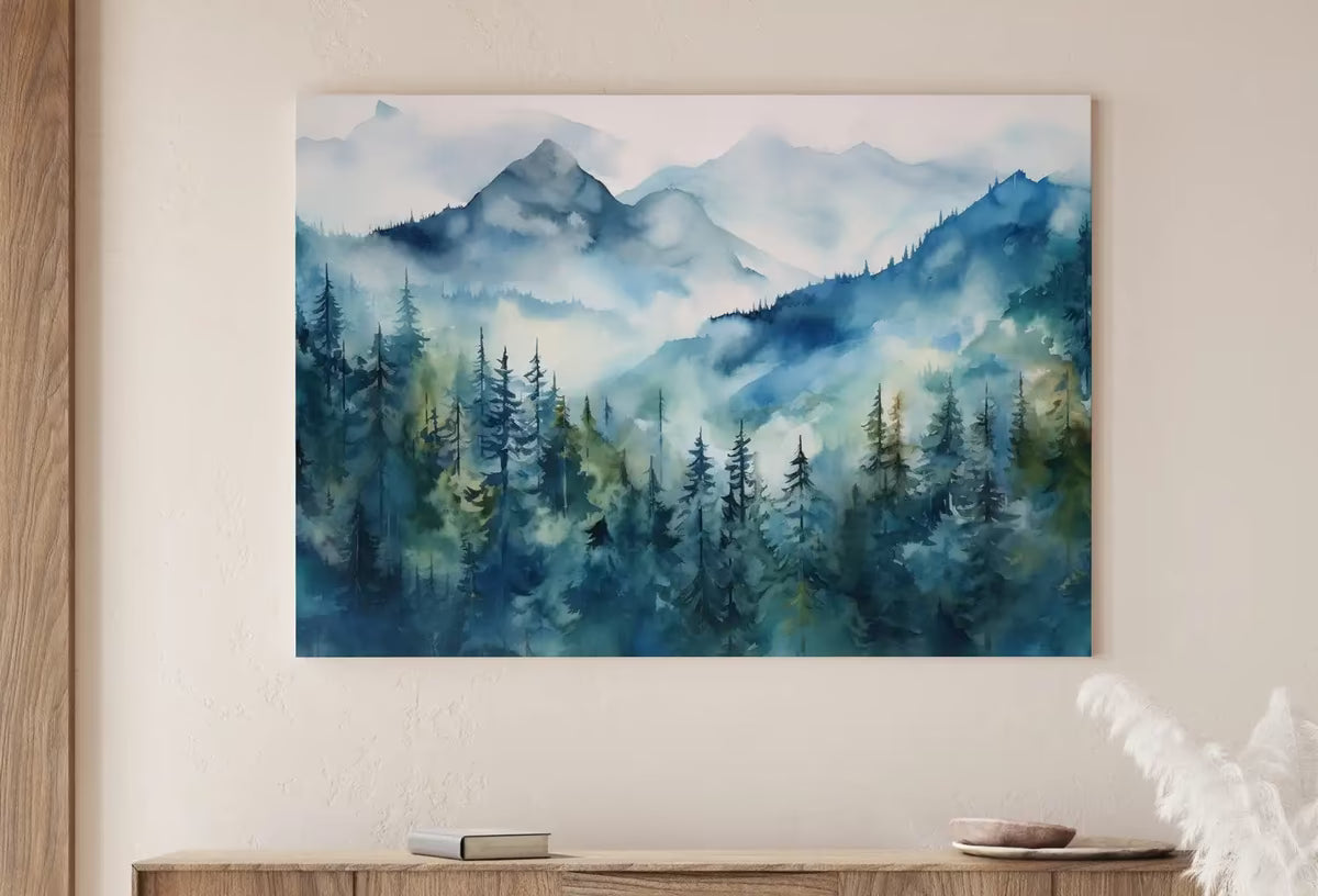 Blue Mountain Forest Art. Printable Wall Art. Watercolor Forest Landscape Printable. Forest Trees Painting Print. Digital Art. Nature Decor. – Printable Wall Art