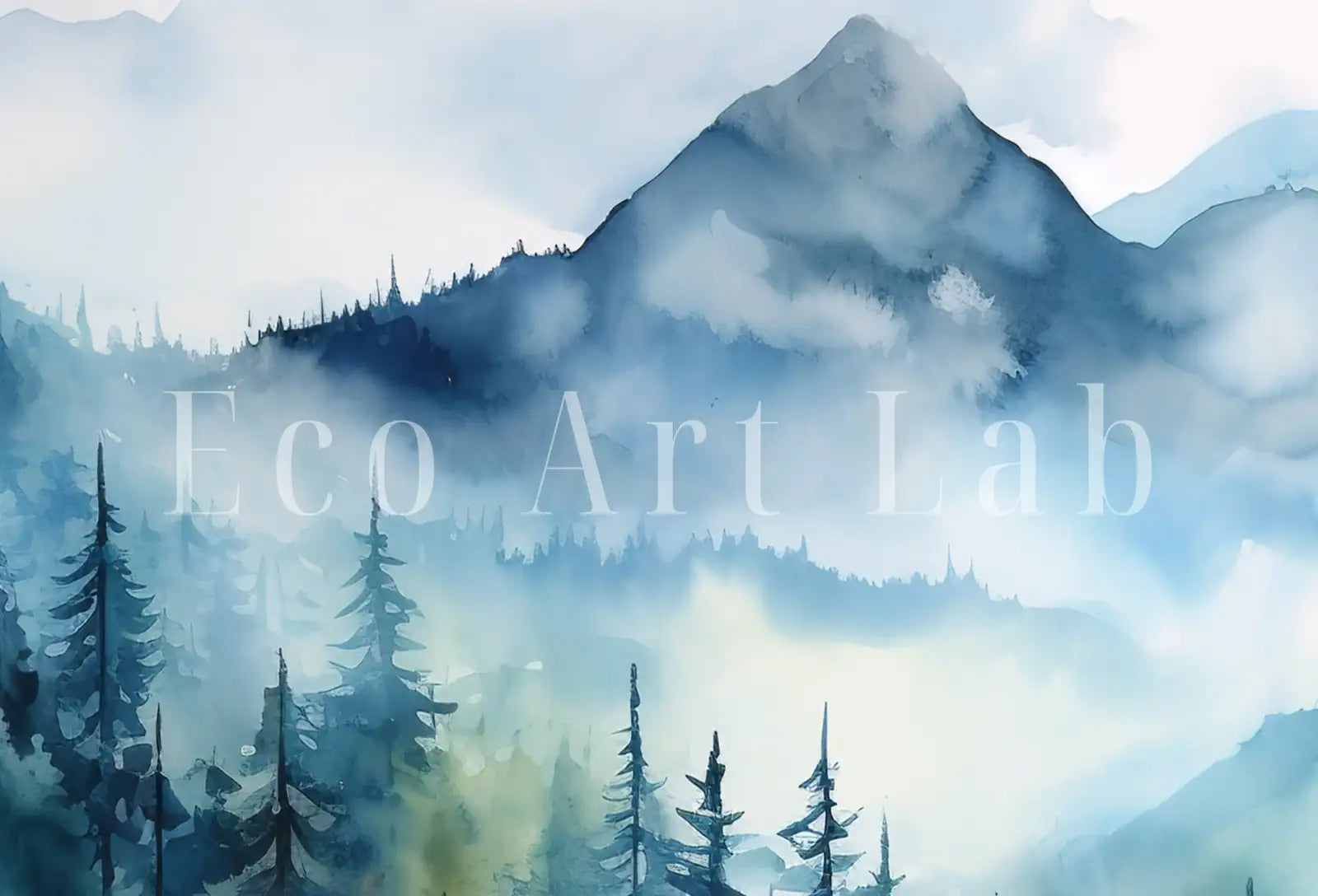 Detail view of artwork from Blue Mountain Forest Art. Printable Wall Art. Watercolor Forest Landscape Printable. Forest Trees Painting Print. Digital Art. Nature Decor.. (variation 1)