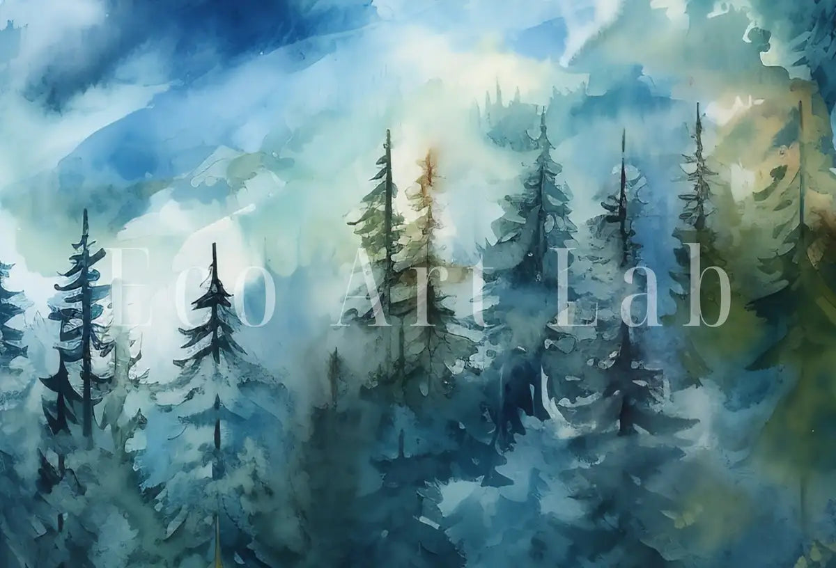 Detail view of artwork from Blue Mountain Forest Art. Printable Wall Art. Watercolor Forest Landscape Printable. Forest Trees Painting Print. Digital Art. Nature Decor.. (variation 2)
