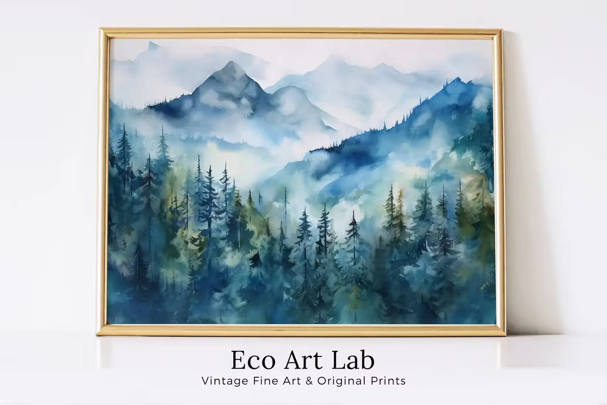 Blue Mountain Forest Art. Printable Wall Art. Watercolor Forest Landscape Printable. Forest Trees Painting Print. Digital Art. Nature Decor. – Printable Wall Art