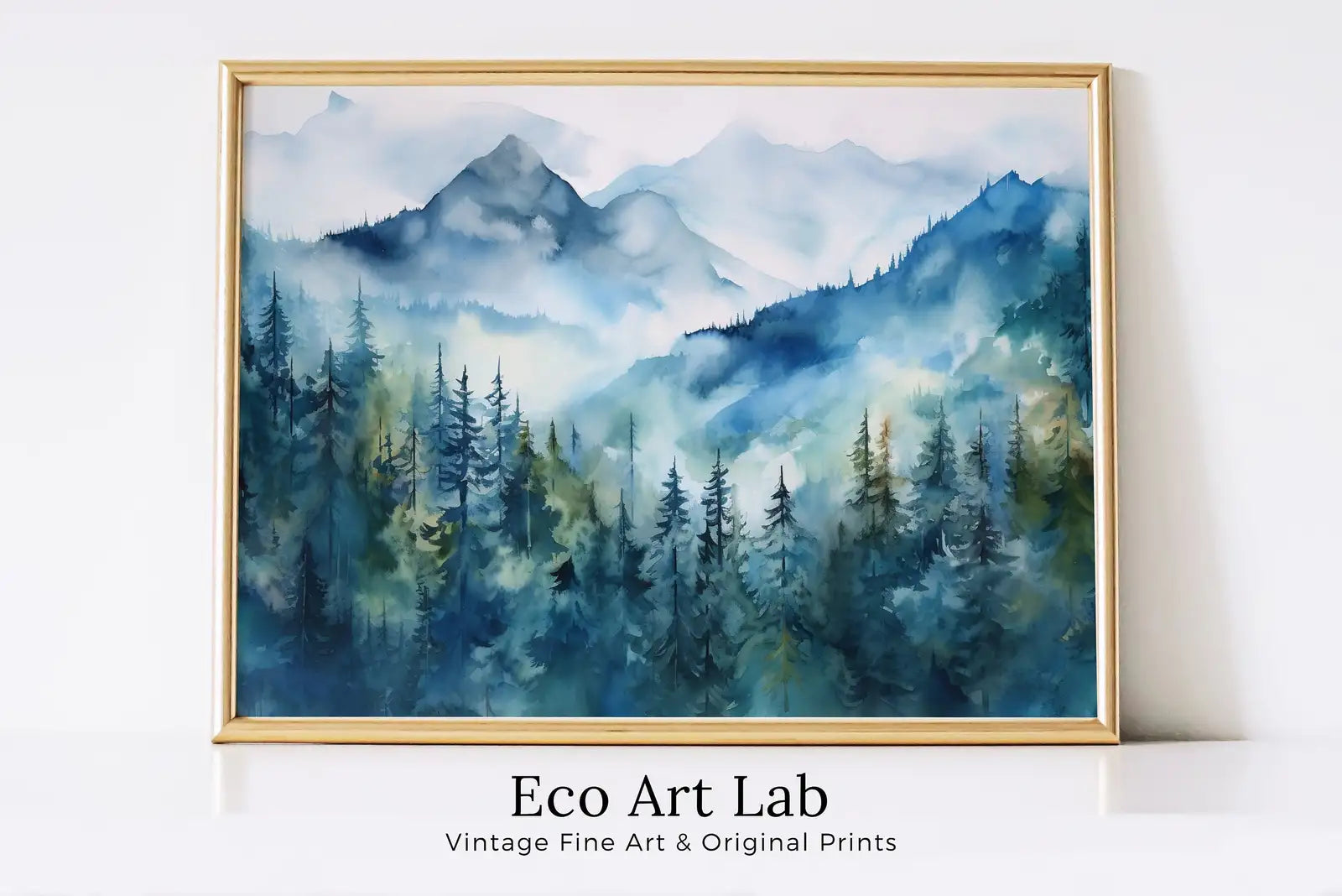 Framed view of Blue Mountain Forest Art. Printable Wall Art. Watercolor Forest Landscape Printable. Forest Trees Painting Print. Digital Art. Nature Decor. – printable wall art digital download.