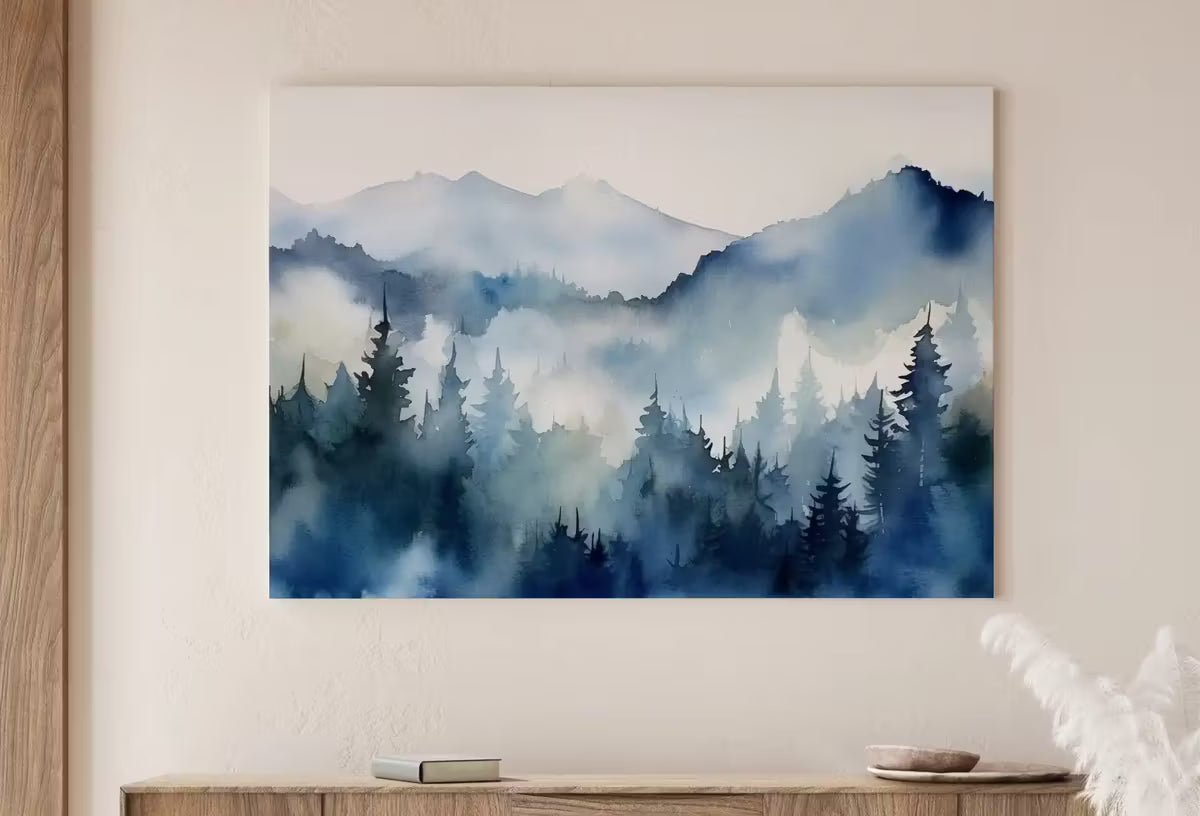 Blue Mountain Forest Art. Watercolor Forest Landscape Printable. Forest Trees Painting Print. Printable Wall Art. Digital Art. Nature Decor. – Printable Wall Art